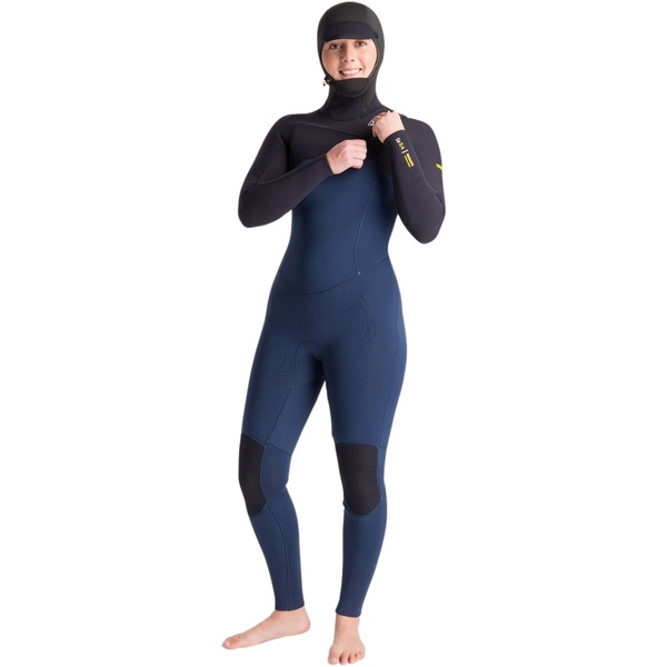 2025 C-Skins Frauen NuWave Solace 5/4/3mm Brustreißverschluss Mit Kapuze Neoprenanzug C-NSO54WH - Bluestone / Black X / Saffron